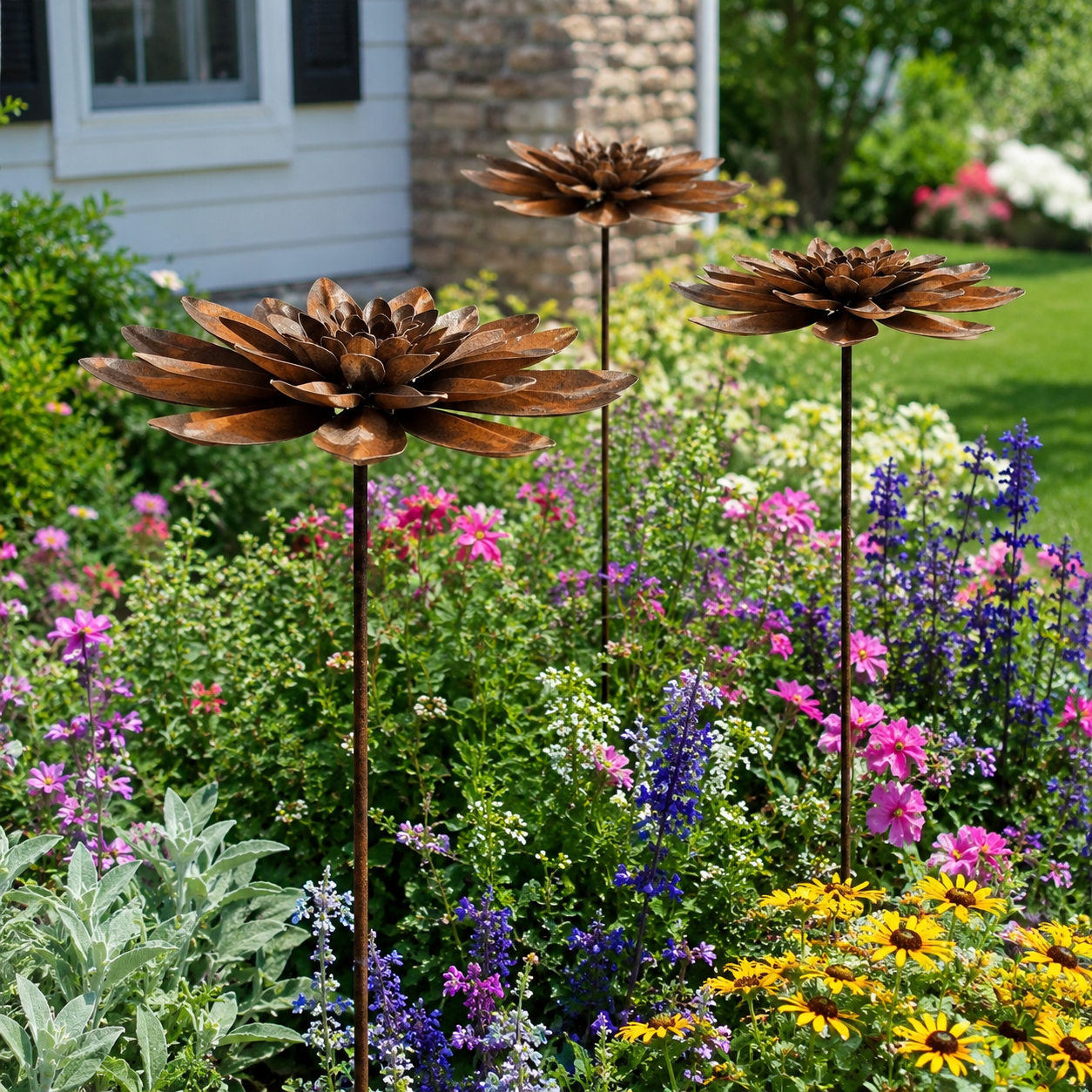 Rustic Metal Lotus Garden Stake – Weathered Outdoor Flower Yard Decor