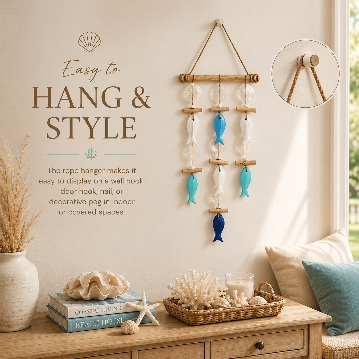Coastal Fish & Shell Wind Chime Wall Decor with Removable Warm Lights