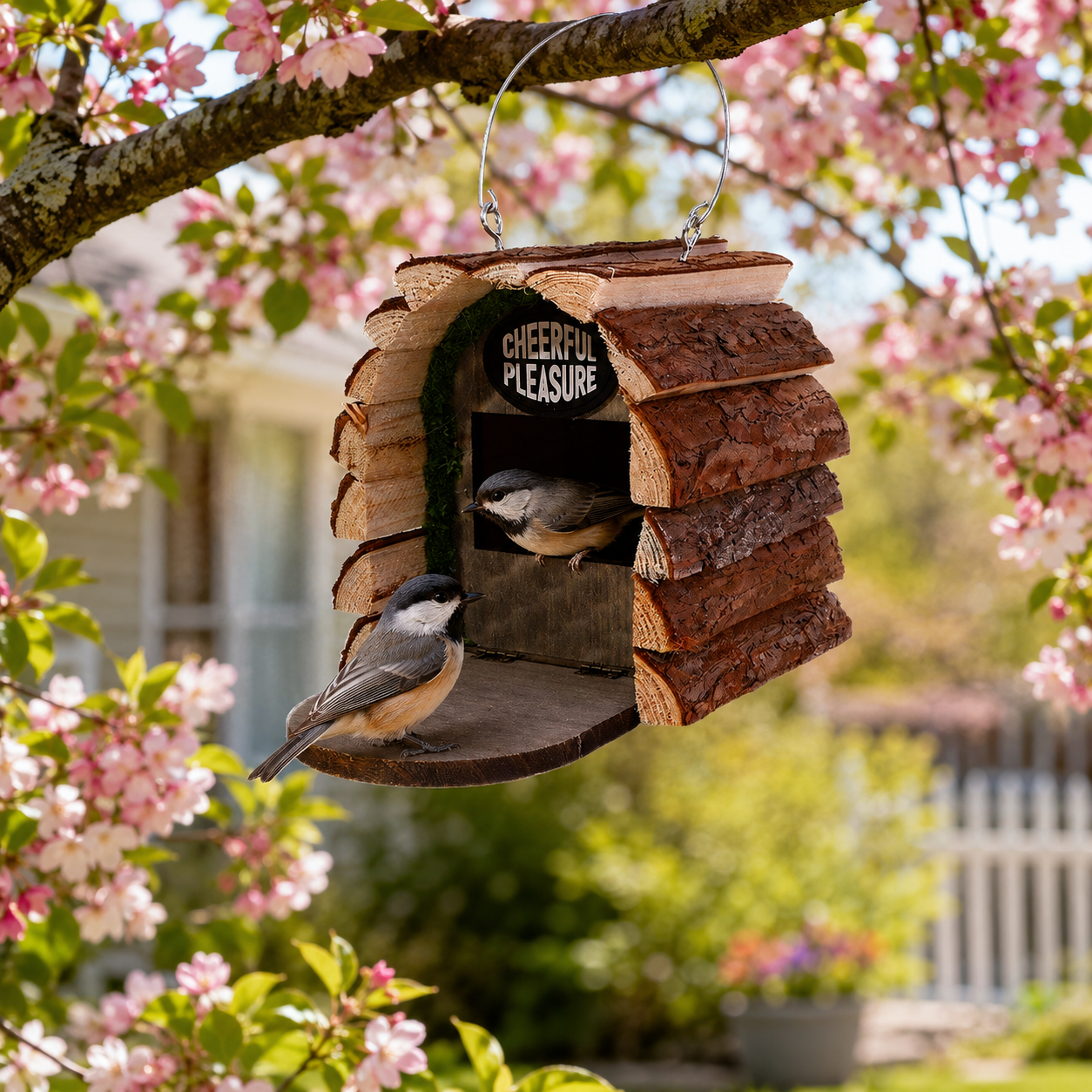 Rustic Hanging Wooden Birdhouse with Natural Bark Roof – Outdoor Garden Bird Nest Box