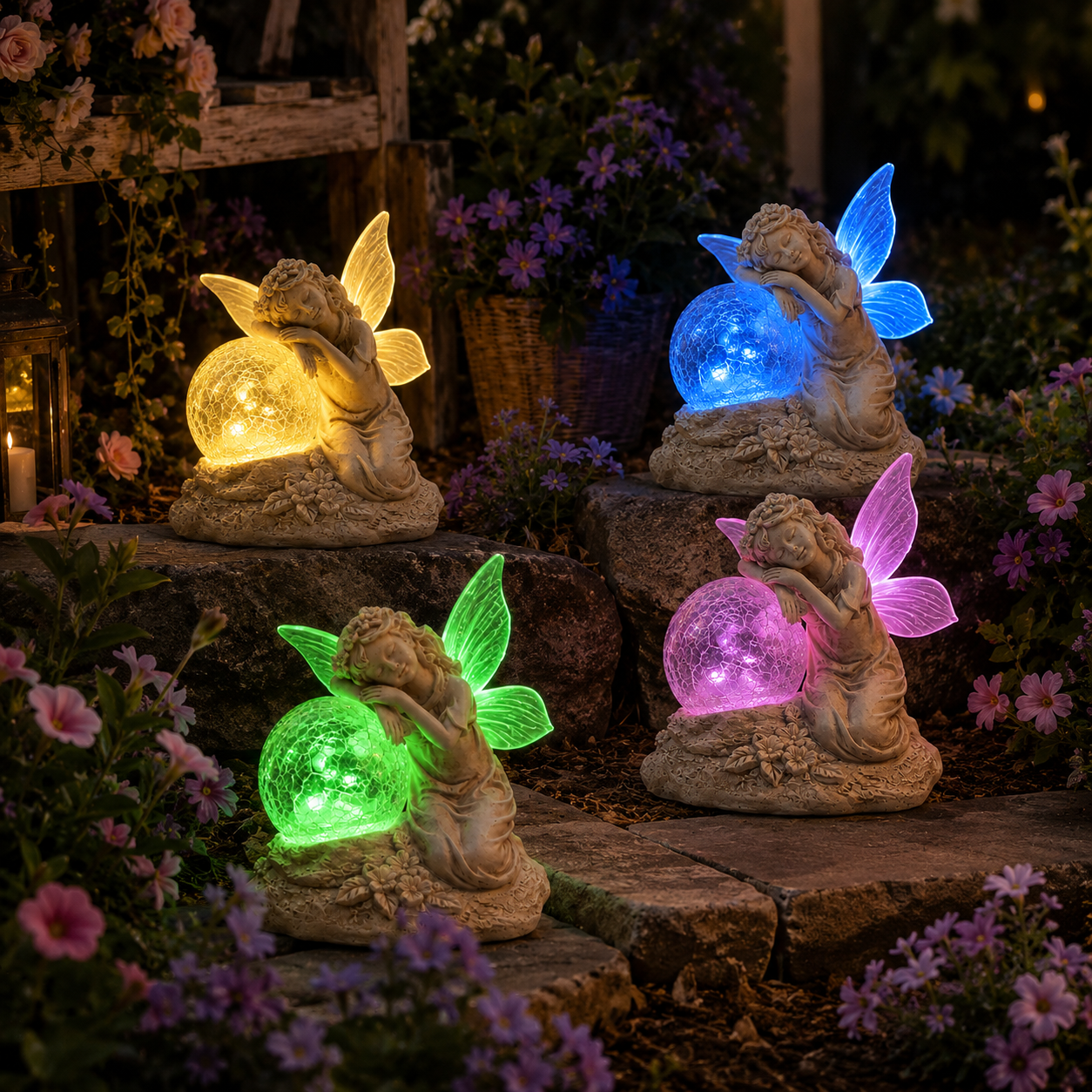 Solar-powered color-changing fairy statue