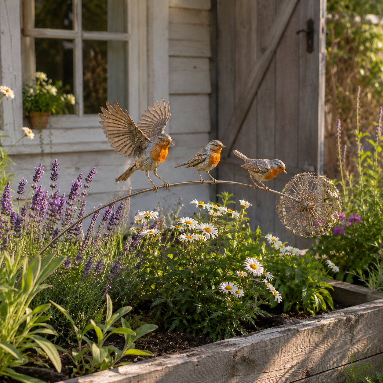 Metal Bird Garden Stake Decor with Dandelion Accent