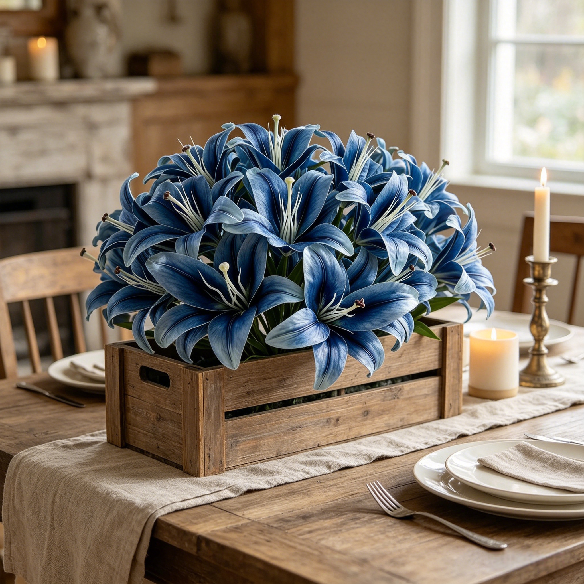 Blue Faux Lily Stems, Set of 2 – 3 Bloom Heads Decorative Floral Stems for Home Décor