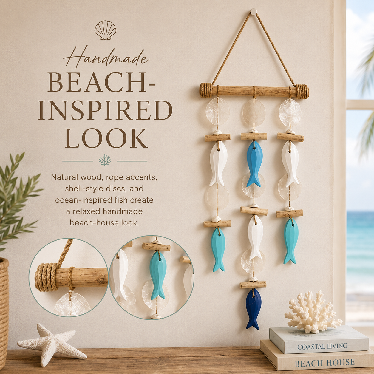 Coastal Fish & Shell Wind Chime Wall Decor with Removable Warm Lights