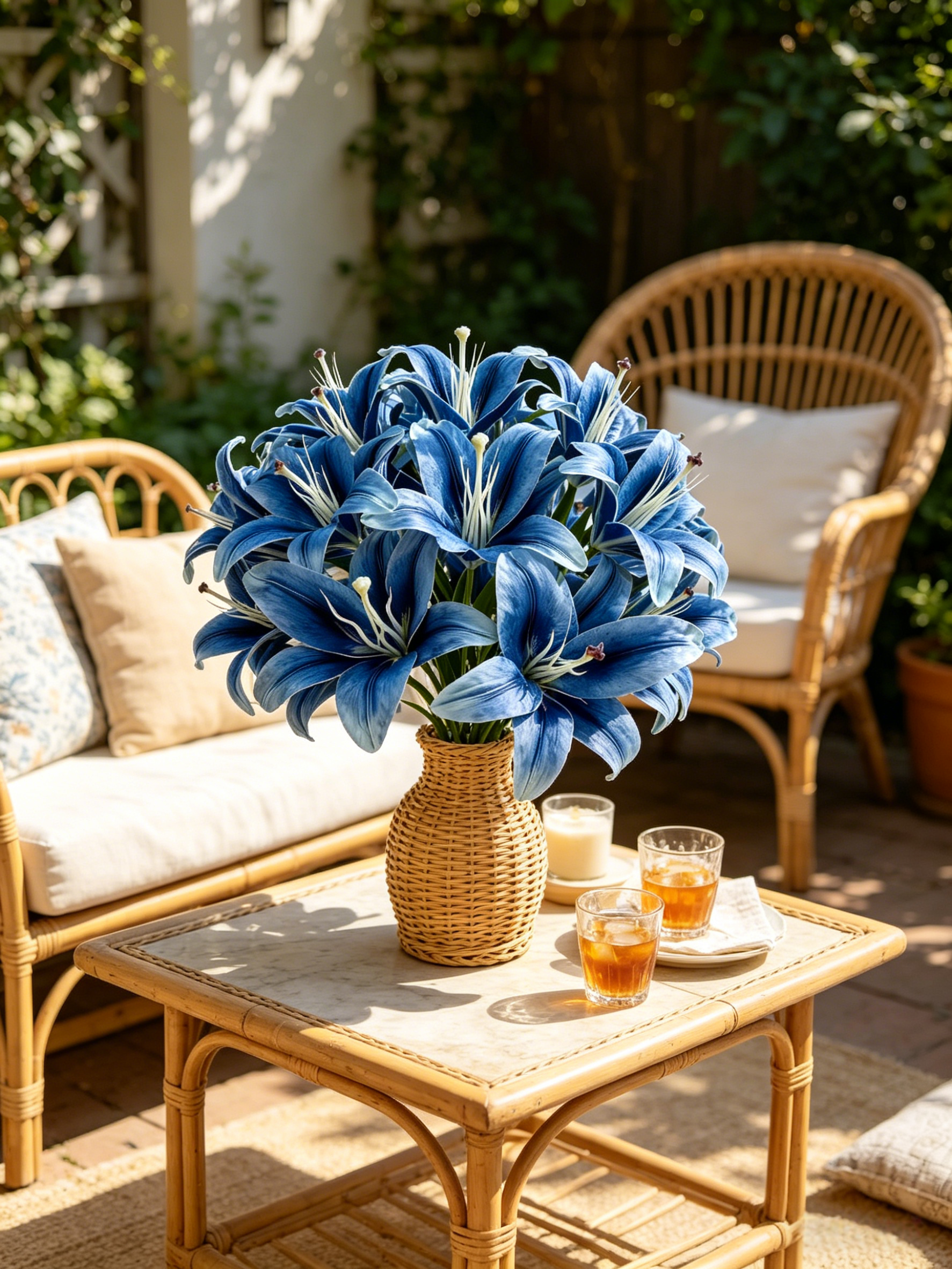 Blue Faux Lily Stems, Set of 2 – 3 Bloom Heads Decorative Floral Stems for Home Décor