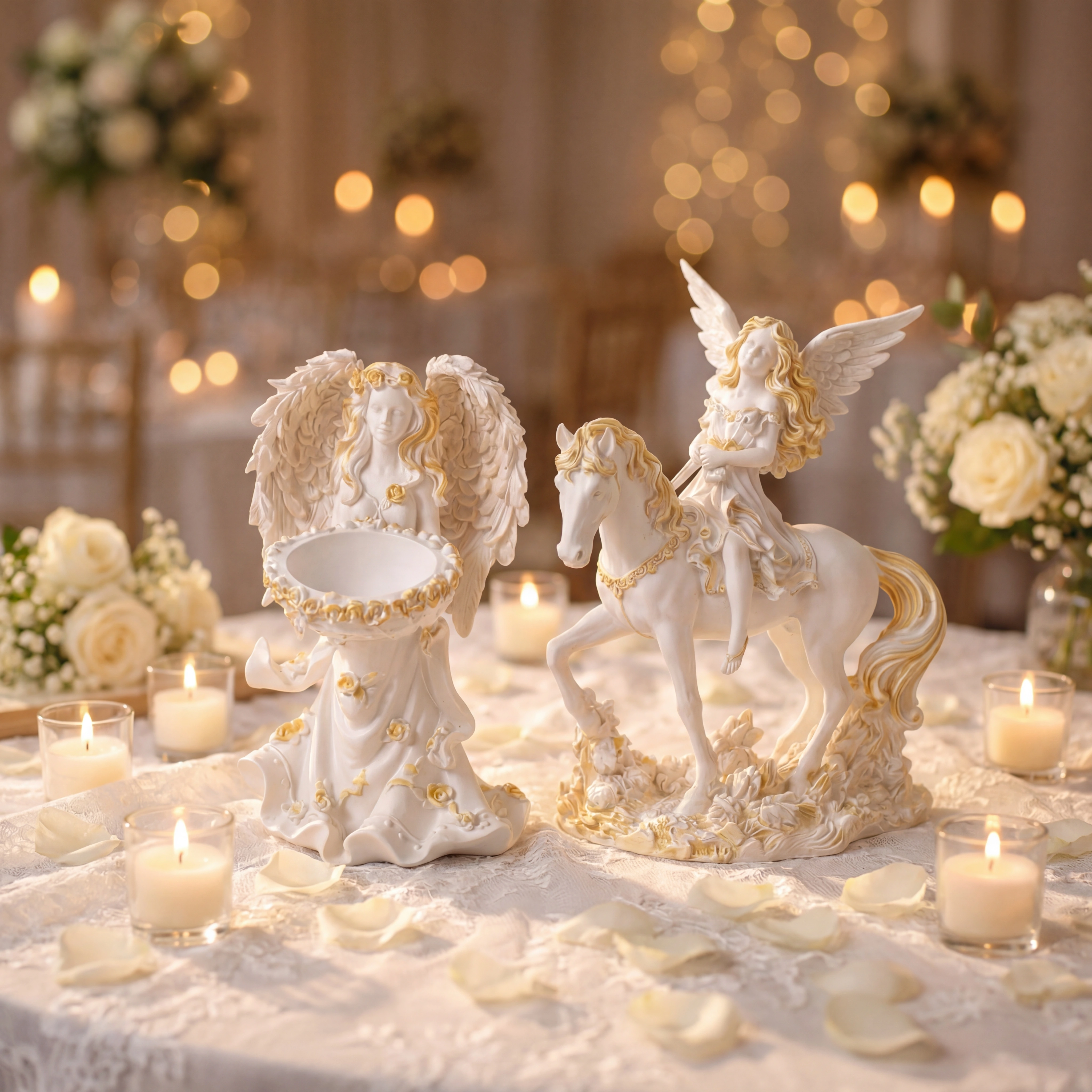 Celestial Angel Decor Set – Angel Tray Statue & Angel Horse Figurine Gift Set