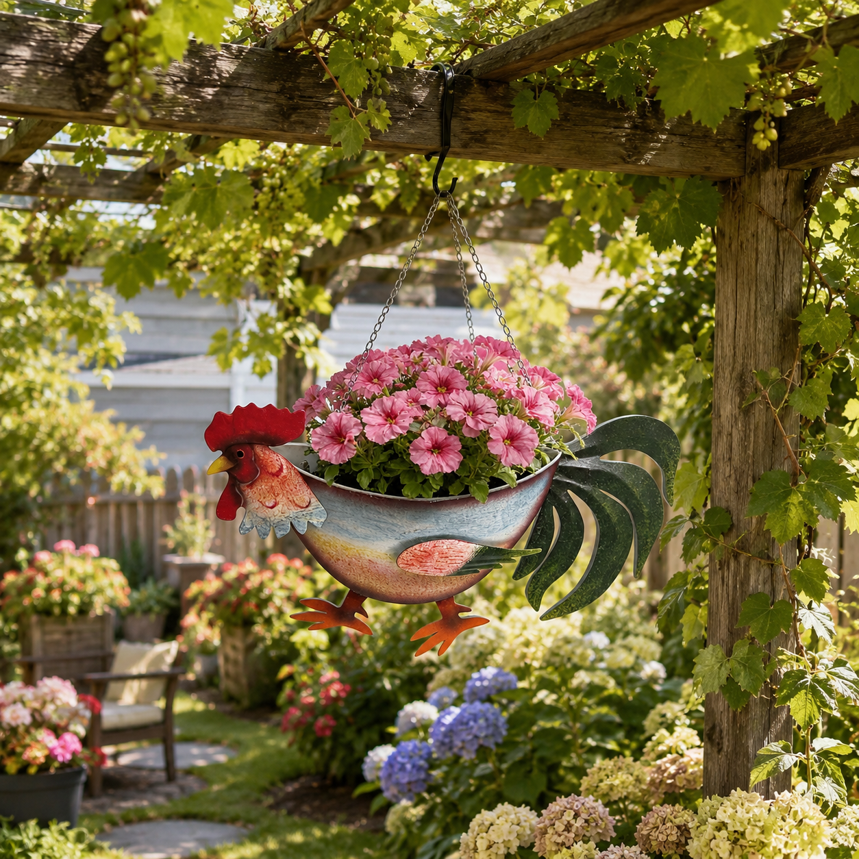 Rustic Rooster Hanging Planter, Farmhouse Chicken Flower Pot