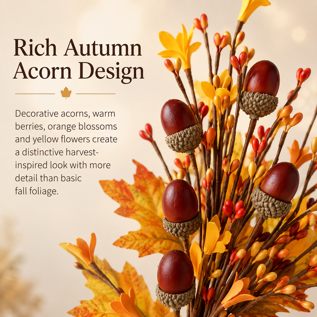 3-Piece Artificial Fall Acorn Floral Stem Set – 16.5-Inch Rustic Autumn Picks