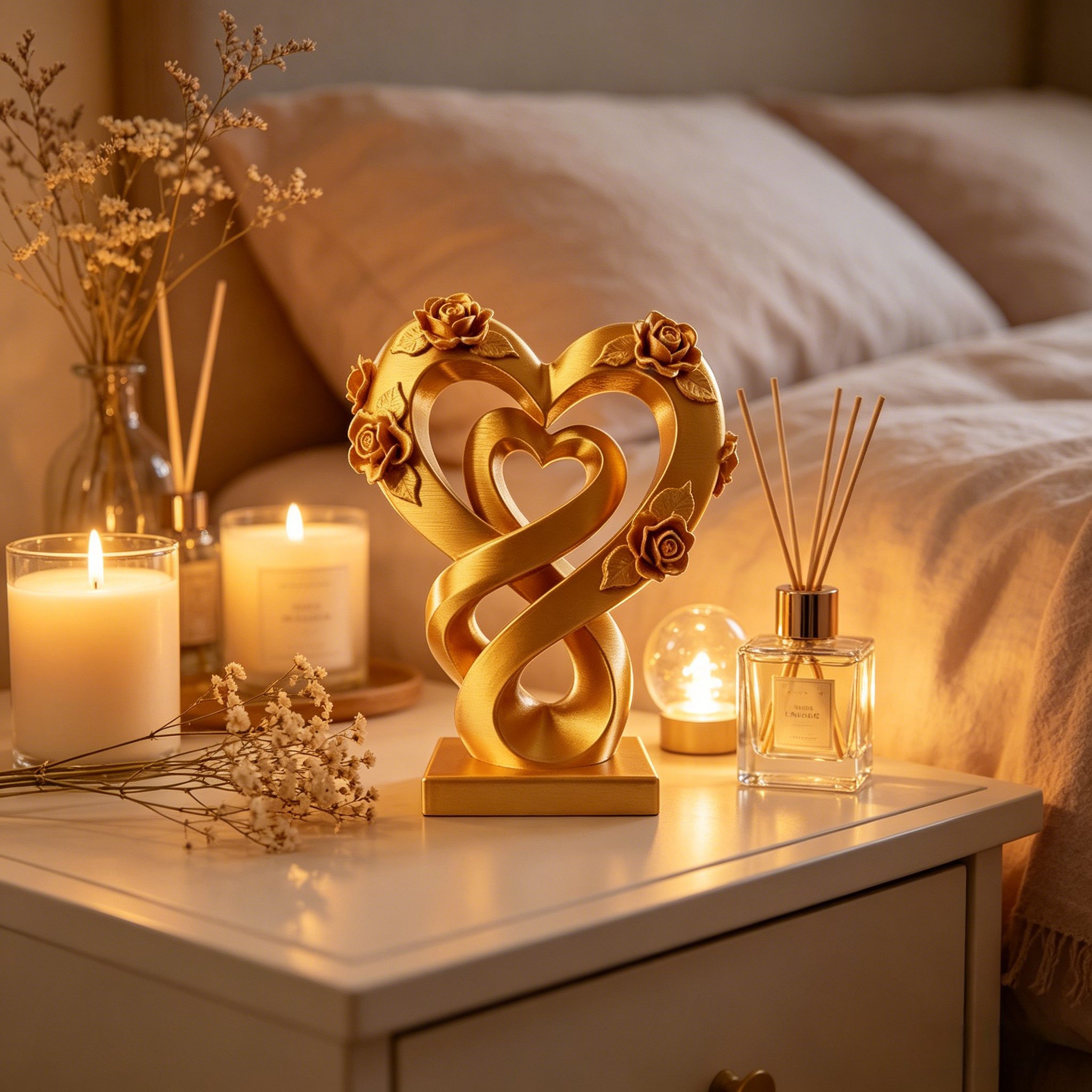 Eternal Love Double Heart Sculpture with Roses – Romantic Home Decor Accent