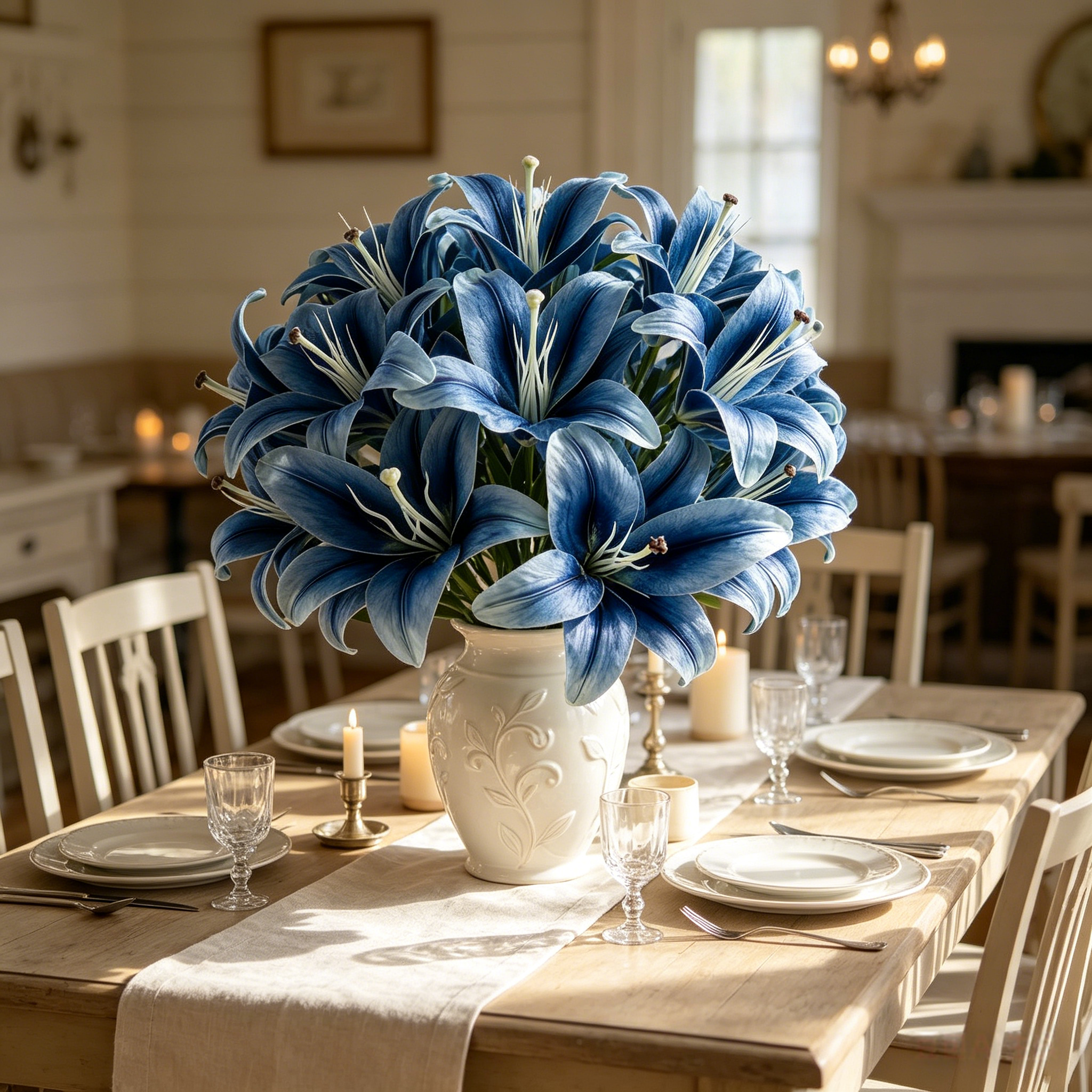 Blue Faux Lily Stems, Set of 2 – 3 Bloom Heads Decorative Floral Stems for Home Décor
