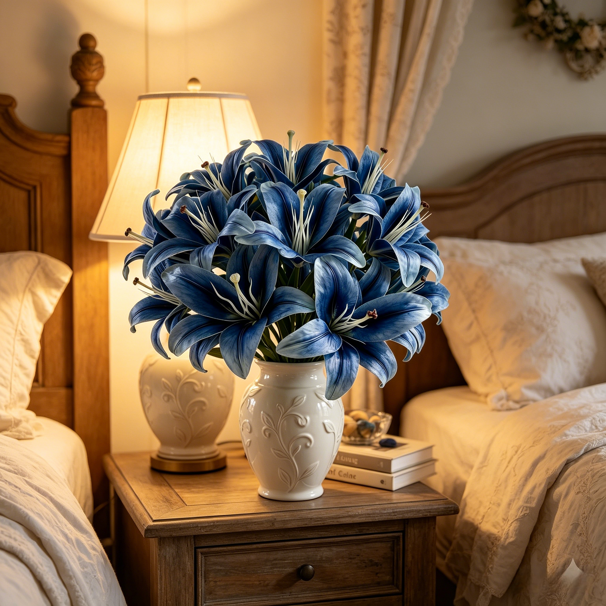 Blue Faux Lily Stems, Set of 2 – 3 Bloom Heads Decorative Floral Stems for Home Décor