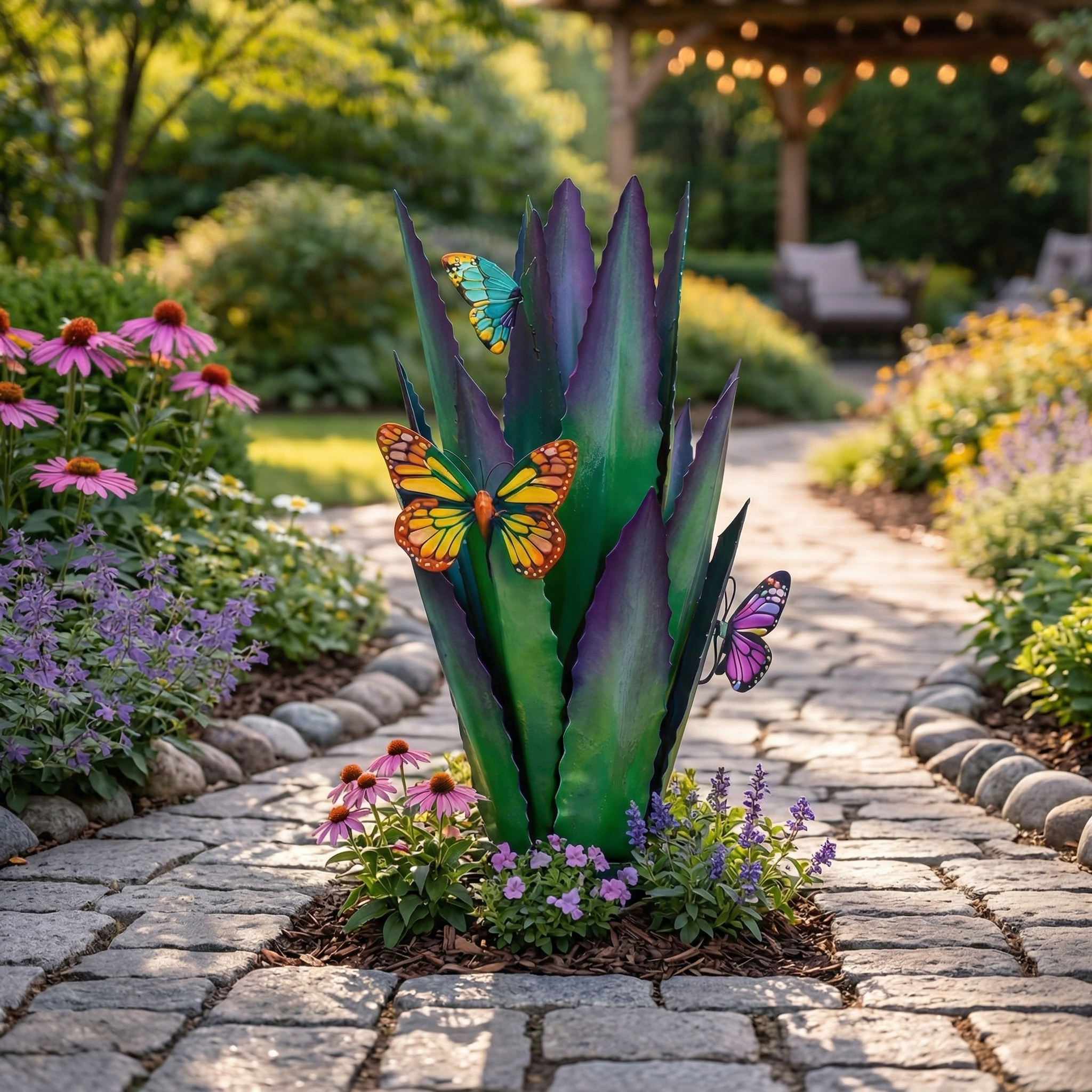 Colorful Metal Agave Garden Stake with Butterfly Accents