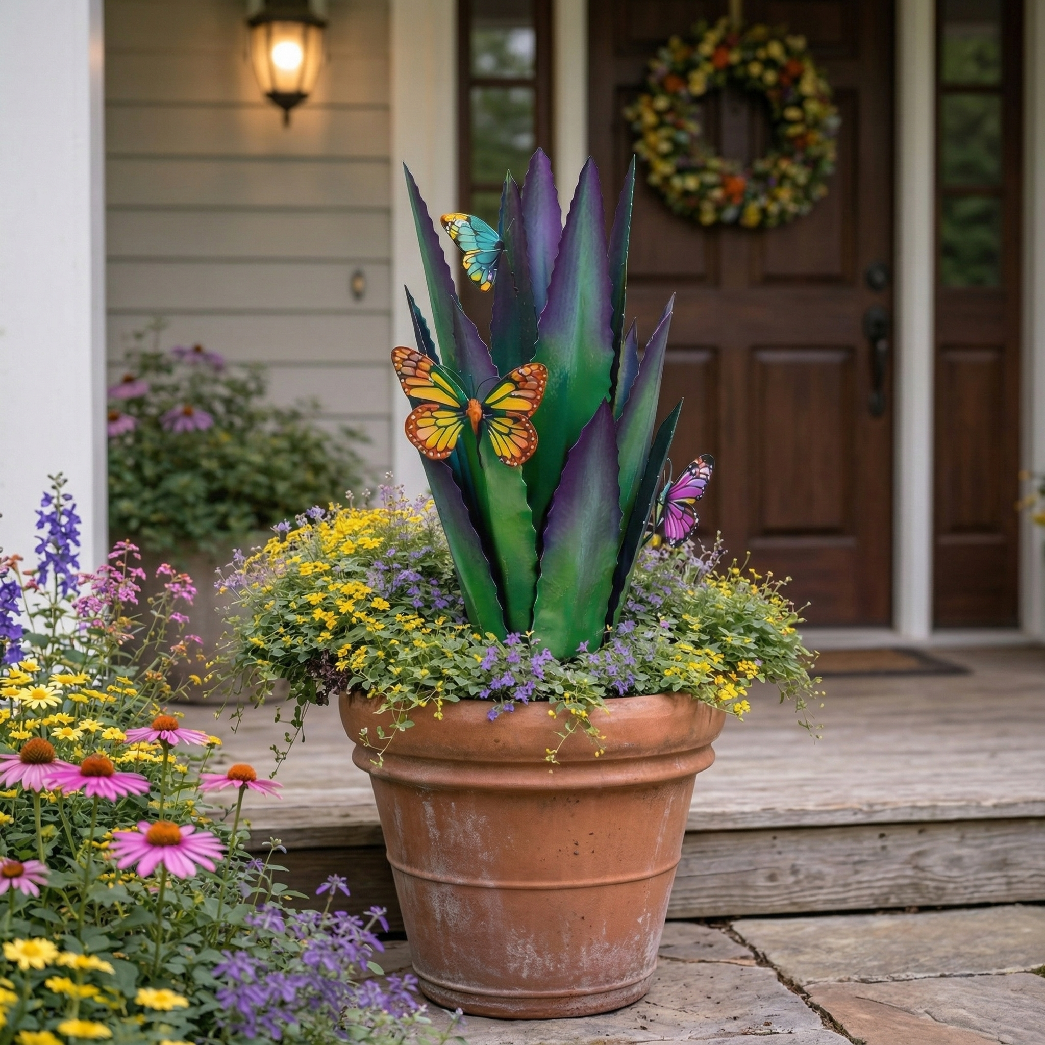 Colorful Metal Agave Garden Stake with Butterfly Accents