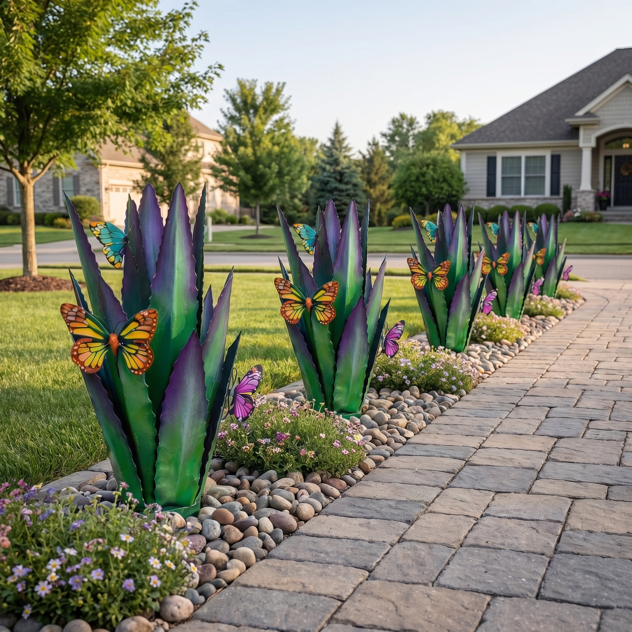 Colorful Metal Agave Garden Stake with Butterfly Accents