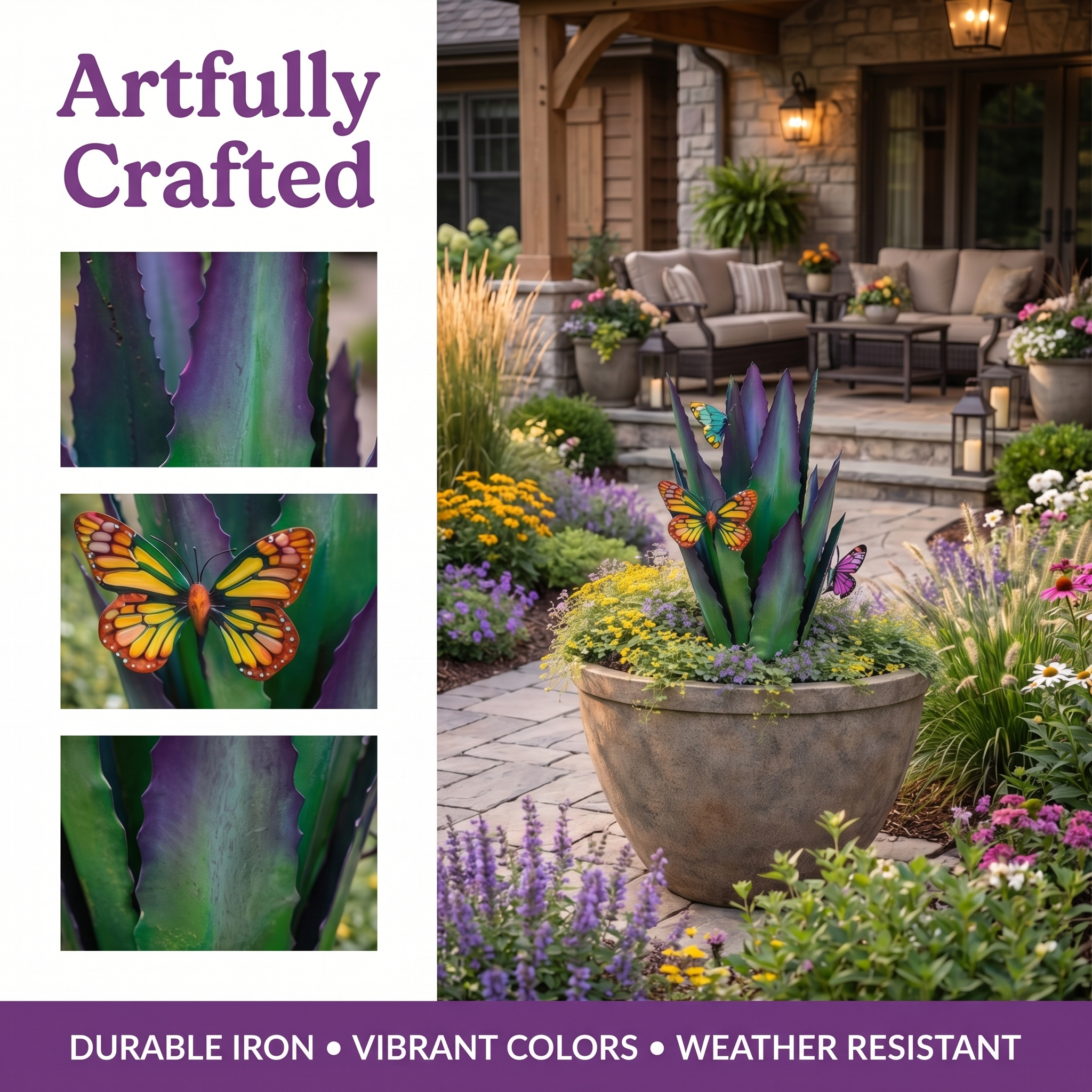 Colorful Metal Agave Garden Stake with Butterfly Accents