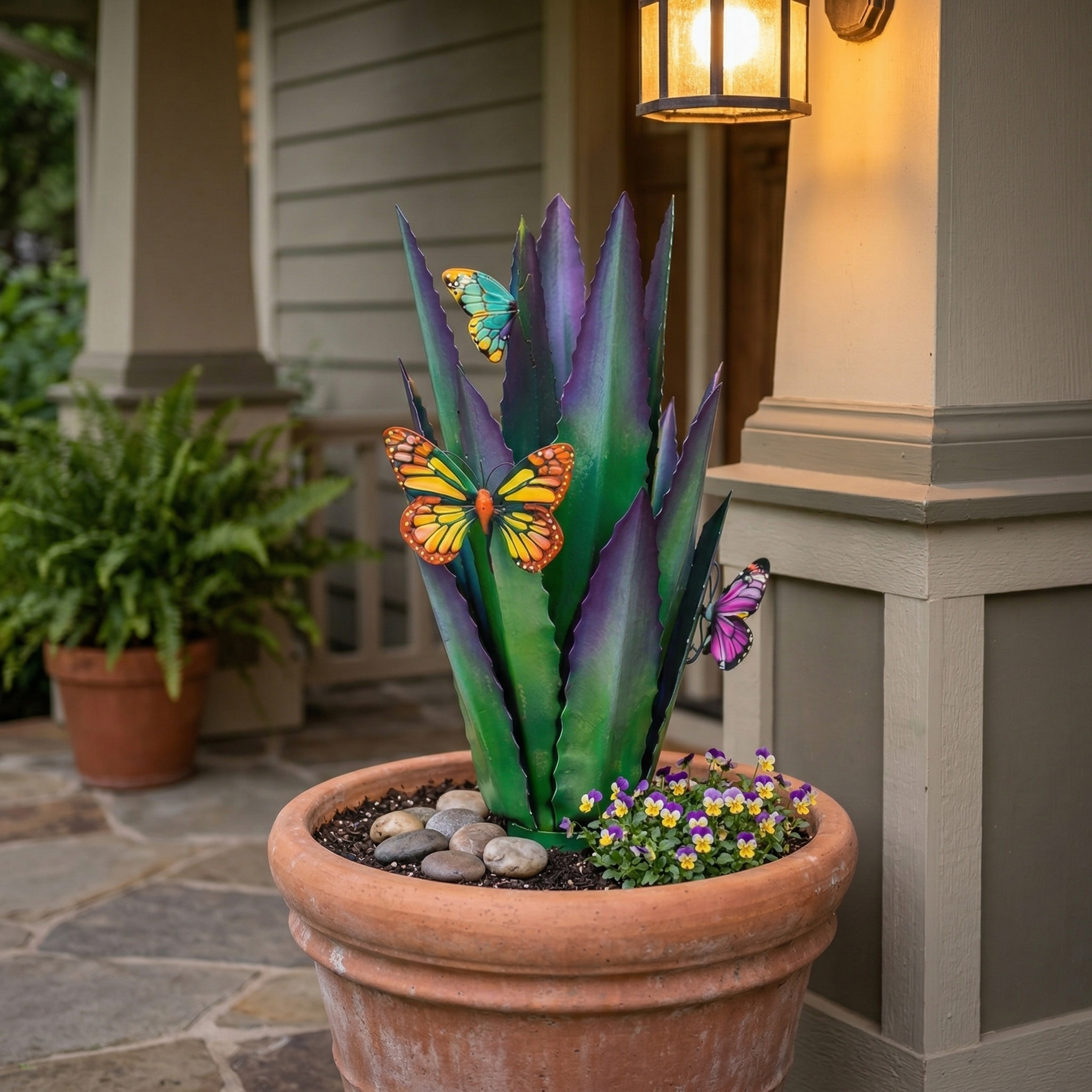 Colorful Metal Agave Garden Stake with Butterfly Accents