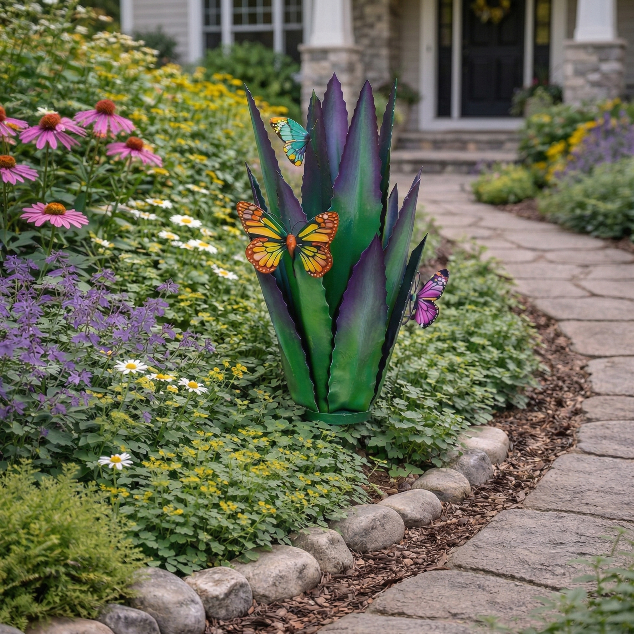 Colorful Metal Agave Garden Stake with Butterfly Accents