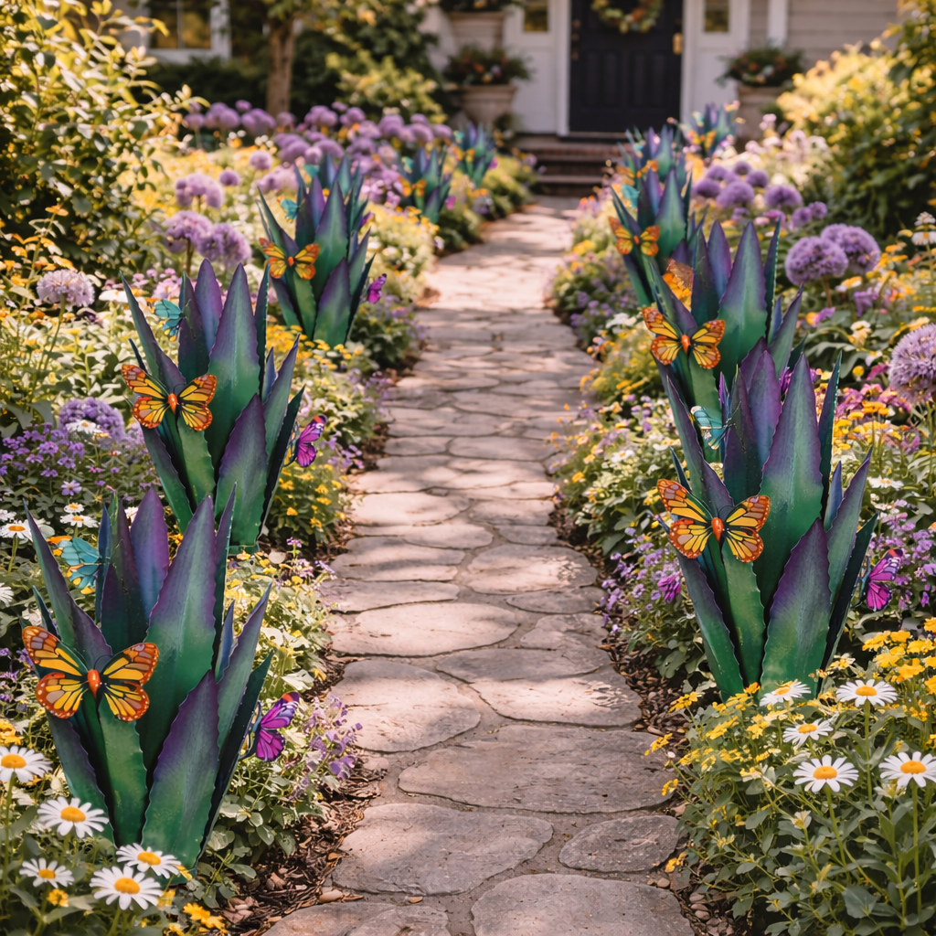Colorful Metal Agave Garden Stake with Butterfly Accents