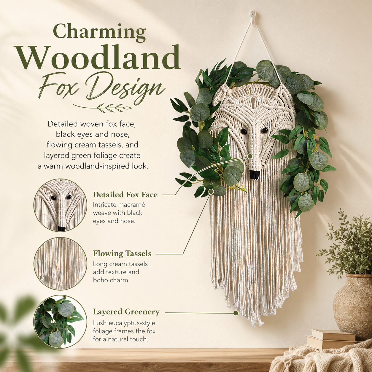 Woodland Fox Macramé Wall Hanging with Greenery