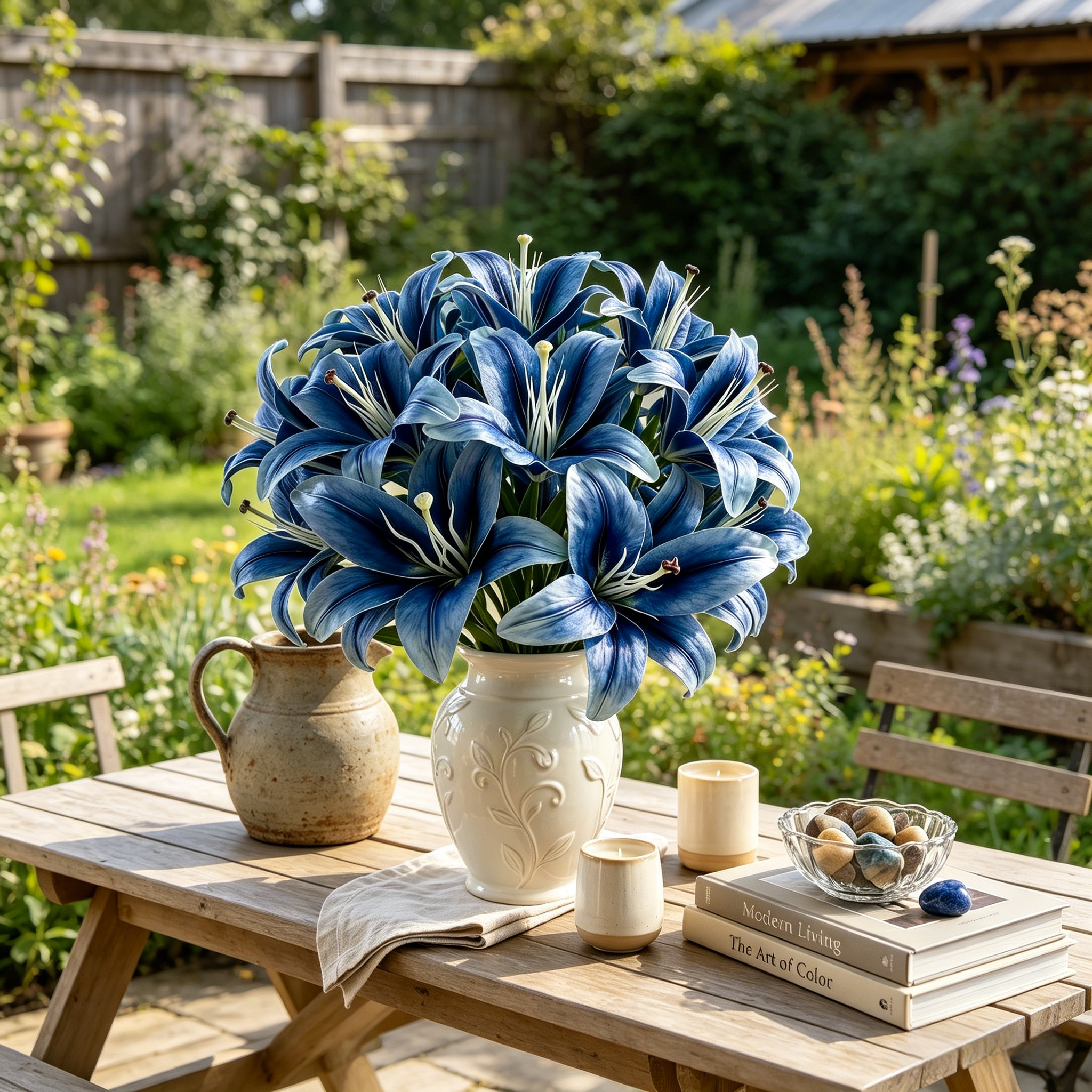 Blue Faux Lily Stems, Set of 2 – 3 Bloom Heads Decorative Floral Stems for Home Décor