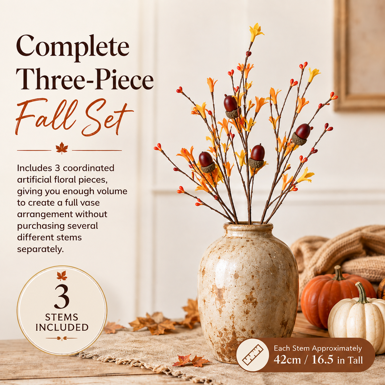 3-Piece Artificial Fall Acorn Floral Stem Set – 16.5-Inch Rustic Autumn Picks