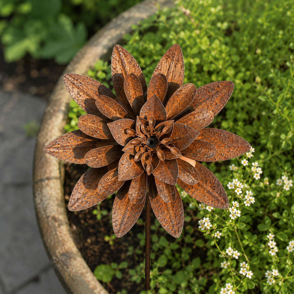 Rustic Metal Lotus Garden Stake – Weathered Outdoor Flower Yard Decor
