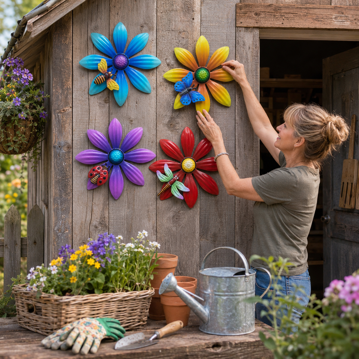 4-Piece Metal Flower Wall Decor Set – Colorful Garden Wall Art with Bee, Butterfly & Dragonfly Accents