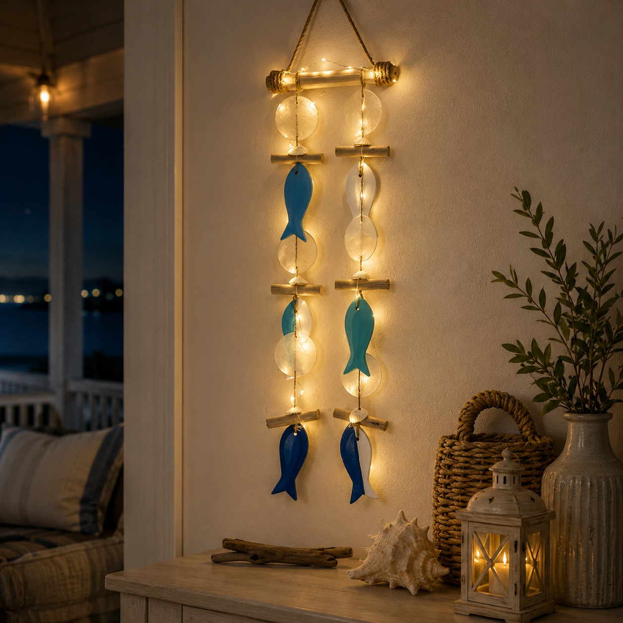 Coastal Fish & Shell Wind Chime Wall Decor with Removable Warm Lights