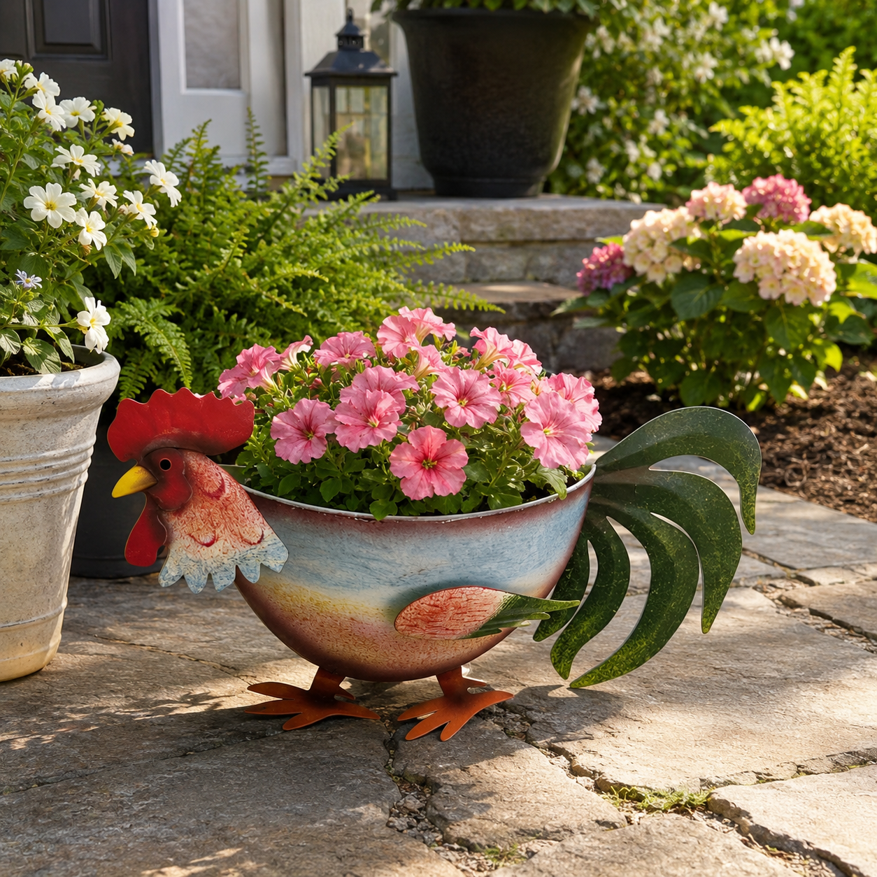 Rustic Rooster Hanging Planter, Farmhouse Chicken Flower Pot