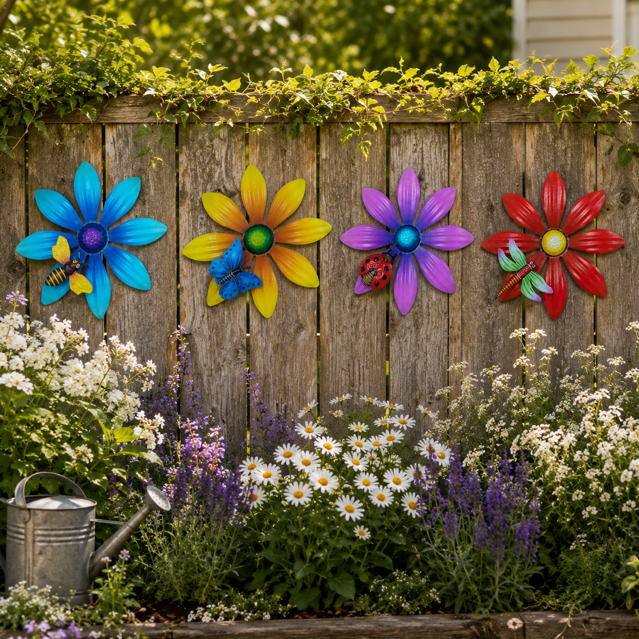 4-Piece Metal Flower Wall Decor Set – Colorful Garden Wall Art with Bee, Butterfly & Dragonfly Accents
