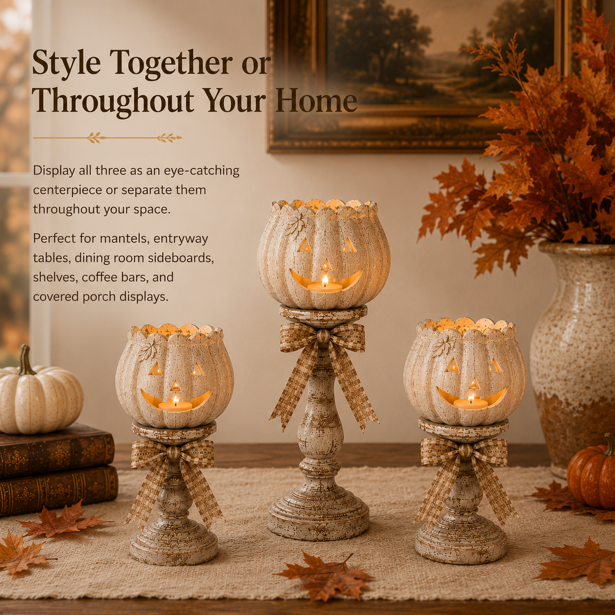 Harvest Glow White Pumpkin Tealight Holders – Set of 3