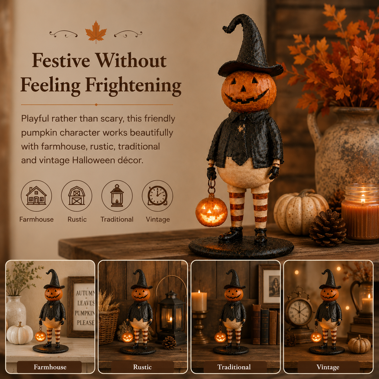 Vintage Lighted Pumpkin Witch Figurine