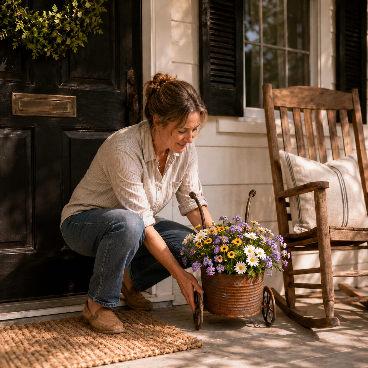 Rustic Metal Wheelbarrow Planter, Vintage Garden Cart Flower Pot