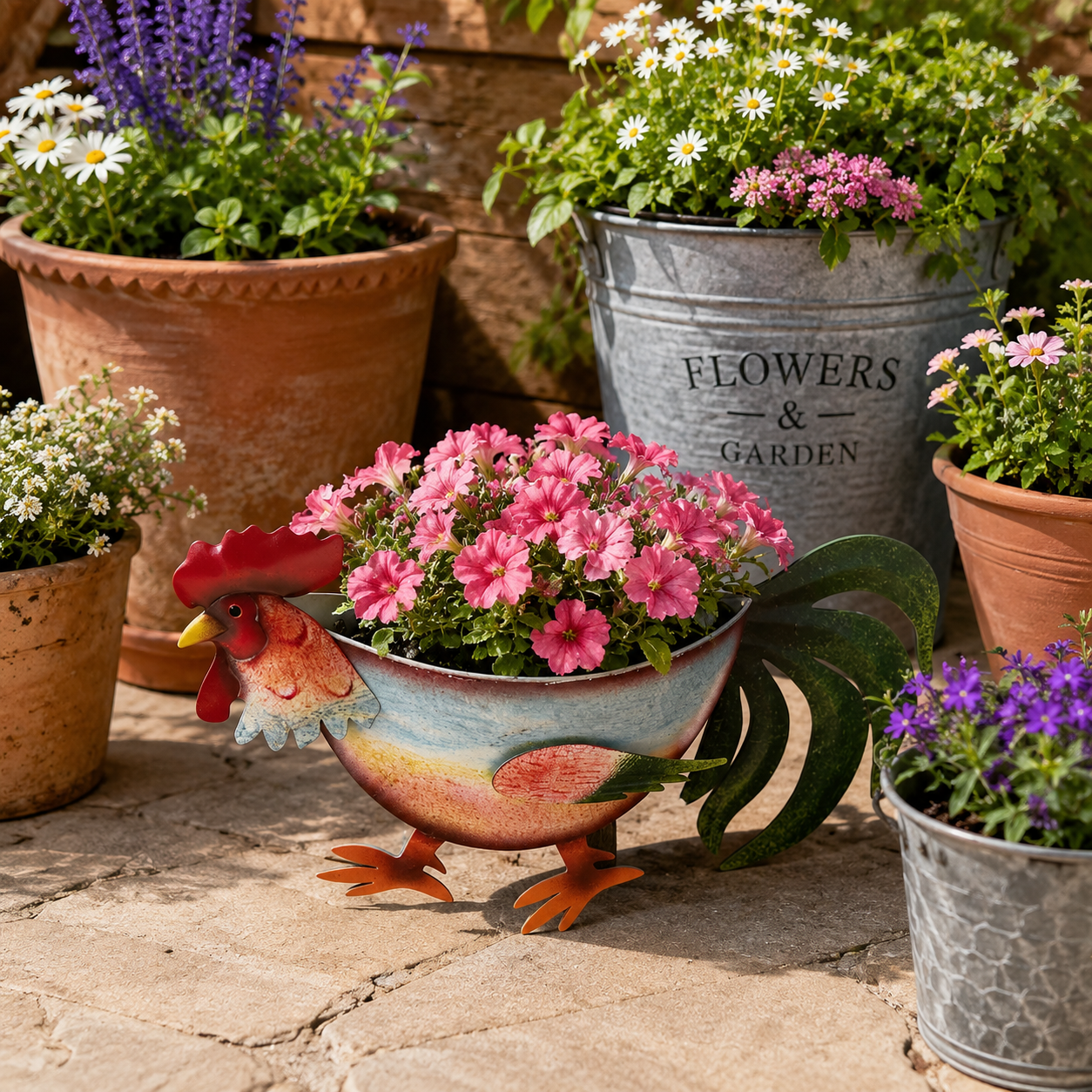 Rustic Rooster Hanging Planter, Farmhouse Chicken Flower Pot