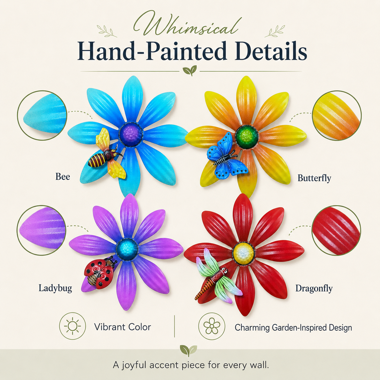 4-Piece Metal Flower Wall Decor Set – Colorful Garden Wall Art with Bee, Butterfly & Dragonfly Accents
