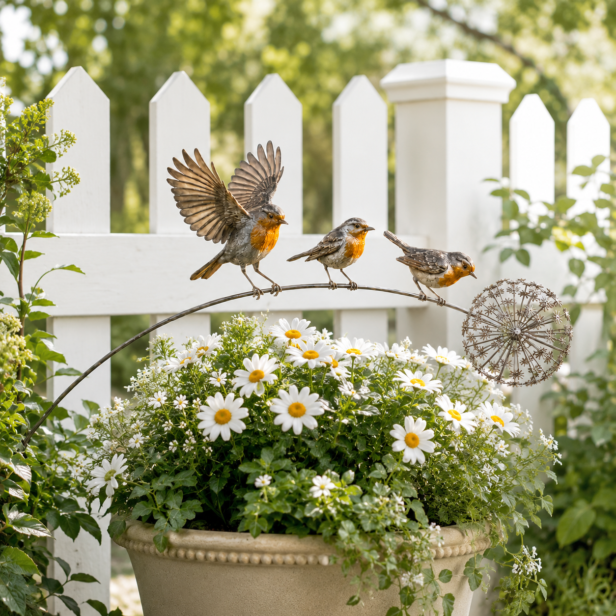 Metal Bird Garden Stake Decor with Dandelion Accent