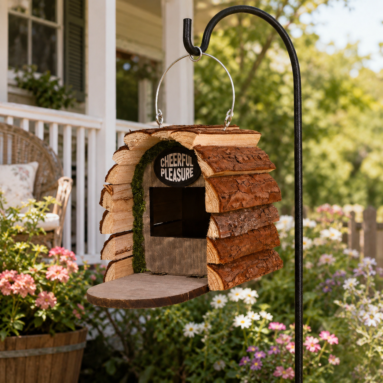 Rustic Hanging Wooden Birdhouse with Natural Bark Roof – Outdoor Garden Bird Nest Box