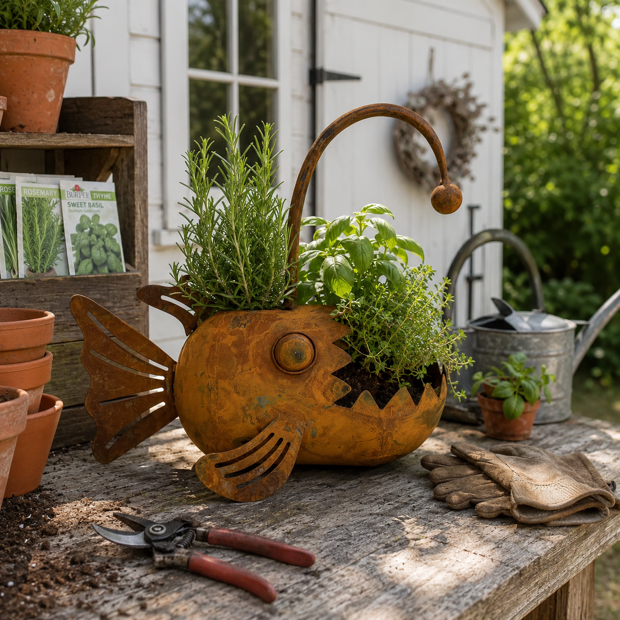 Vintage Metal Anglerfish Planter – Rustic Big Mouth Fish Flower Pot