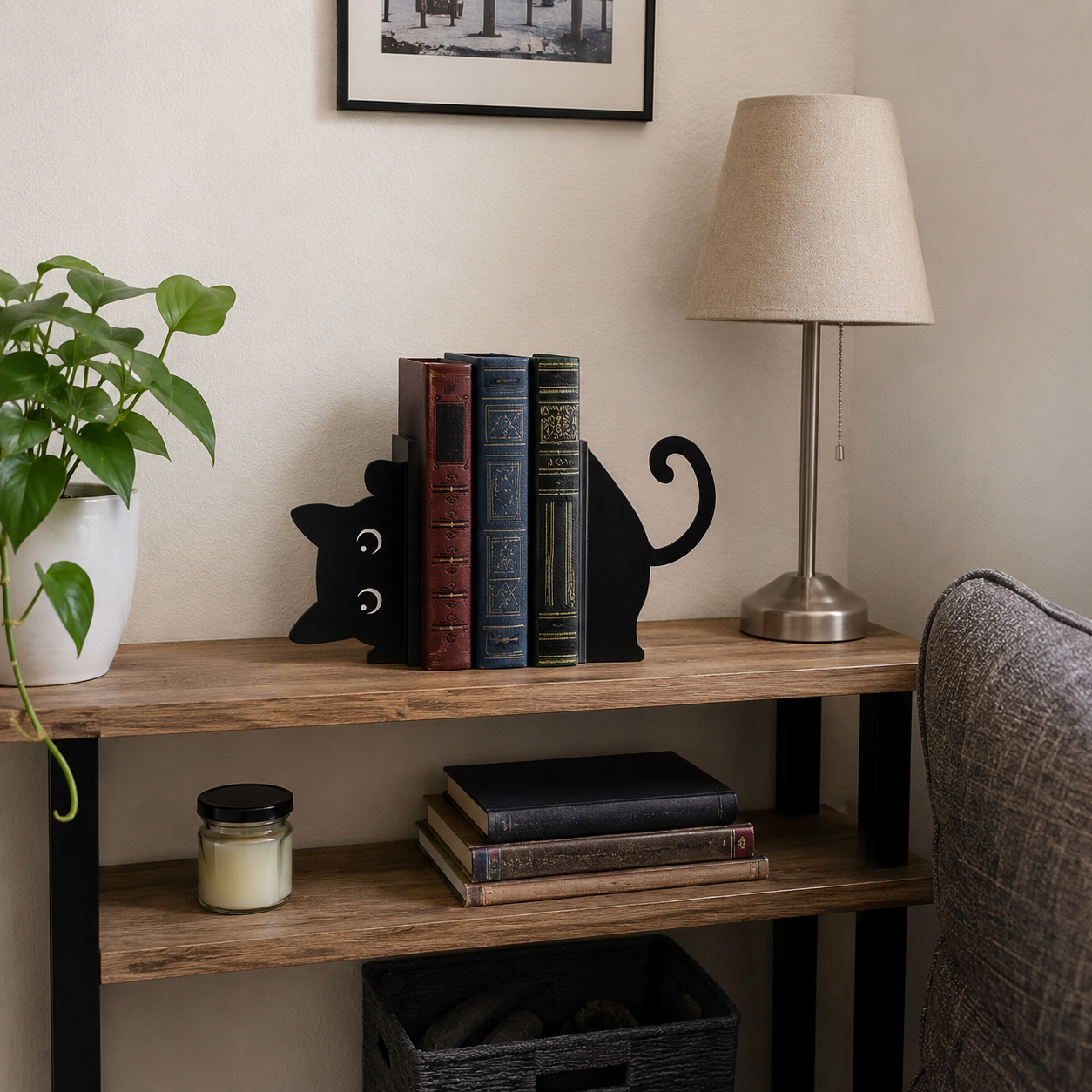 Black Cat Bookends, Set of 2 Metal Cat Book Stoppers