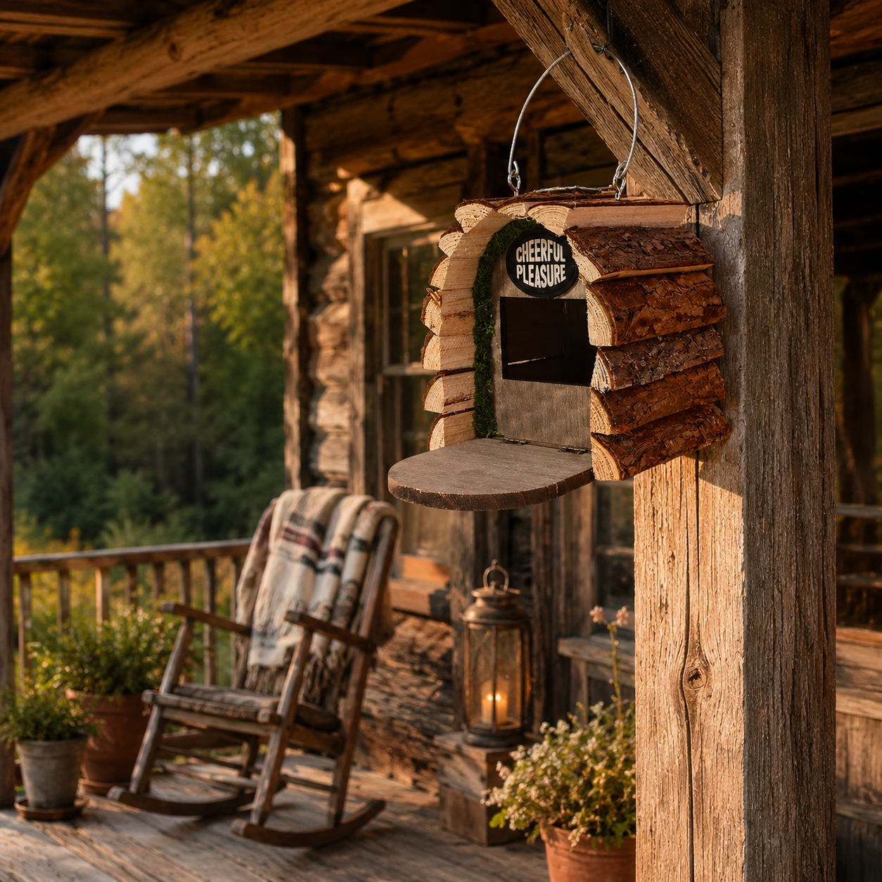 Rustic Hanging Wooden Birdhouse with Natural Bark Roof – Outdoor Garden Bird Nest Box