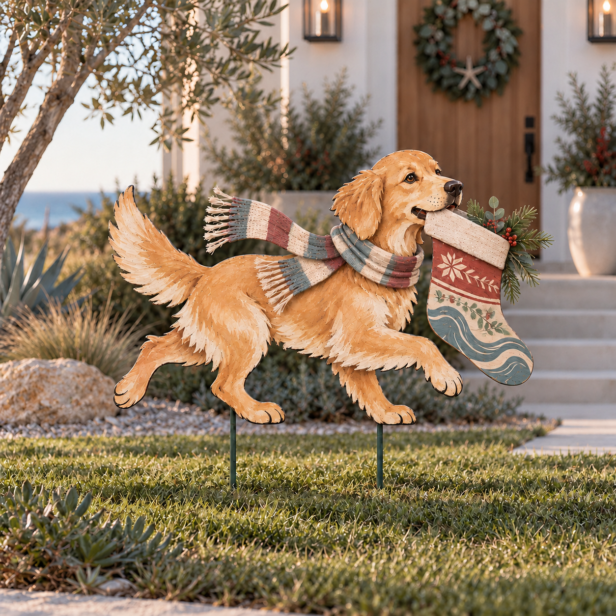 The Christmas Stocking Dash – Lighted Golden Retriever Christmas Yard Stake
