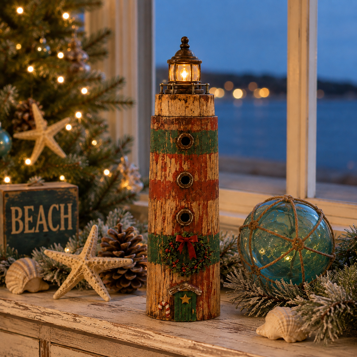 Rustic Coastal Christmas Lighthouse with Warm LED Light & Remote – 9.45″ Tabletop Holiday Decor