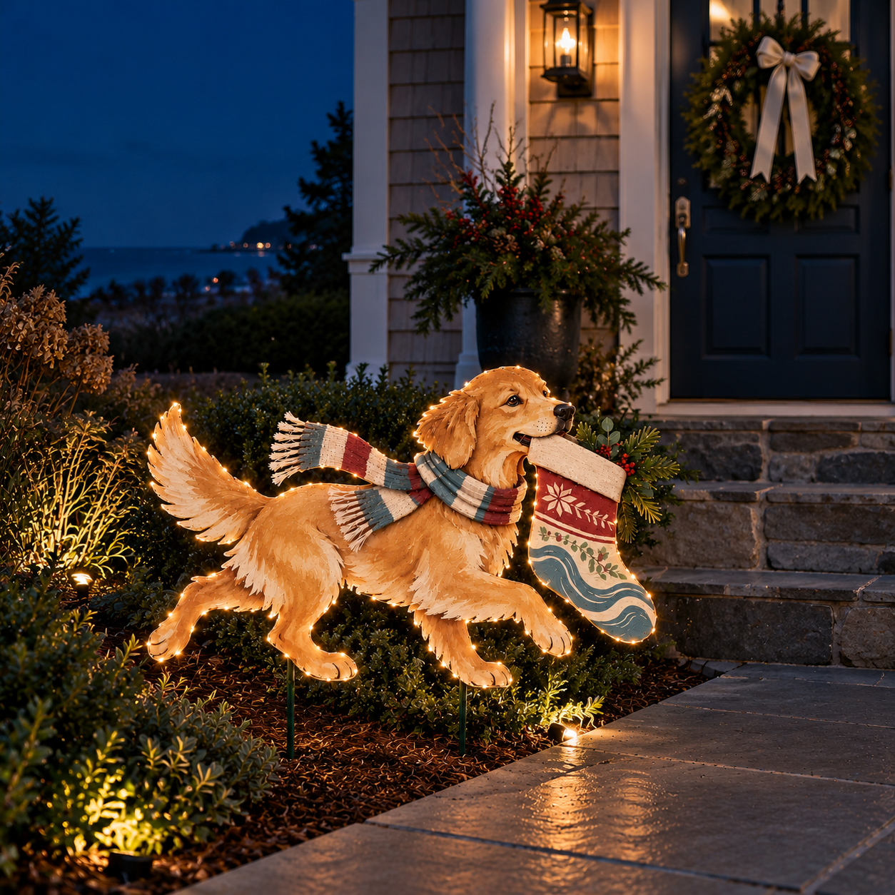 The Christmas Stocking Dash – Lighted Golden Retriever Christmas Yard Stake