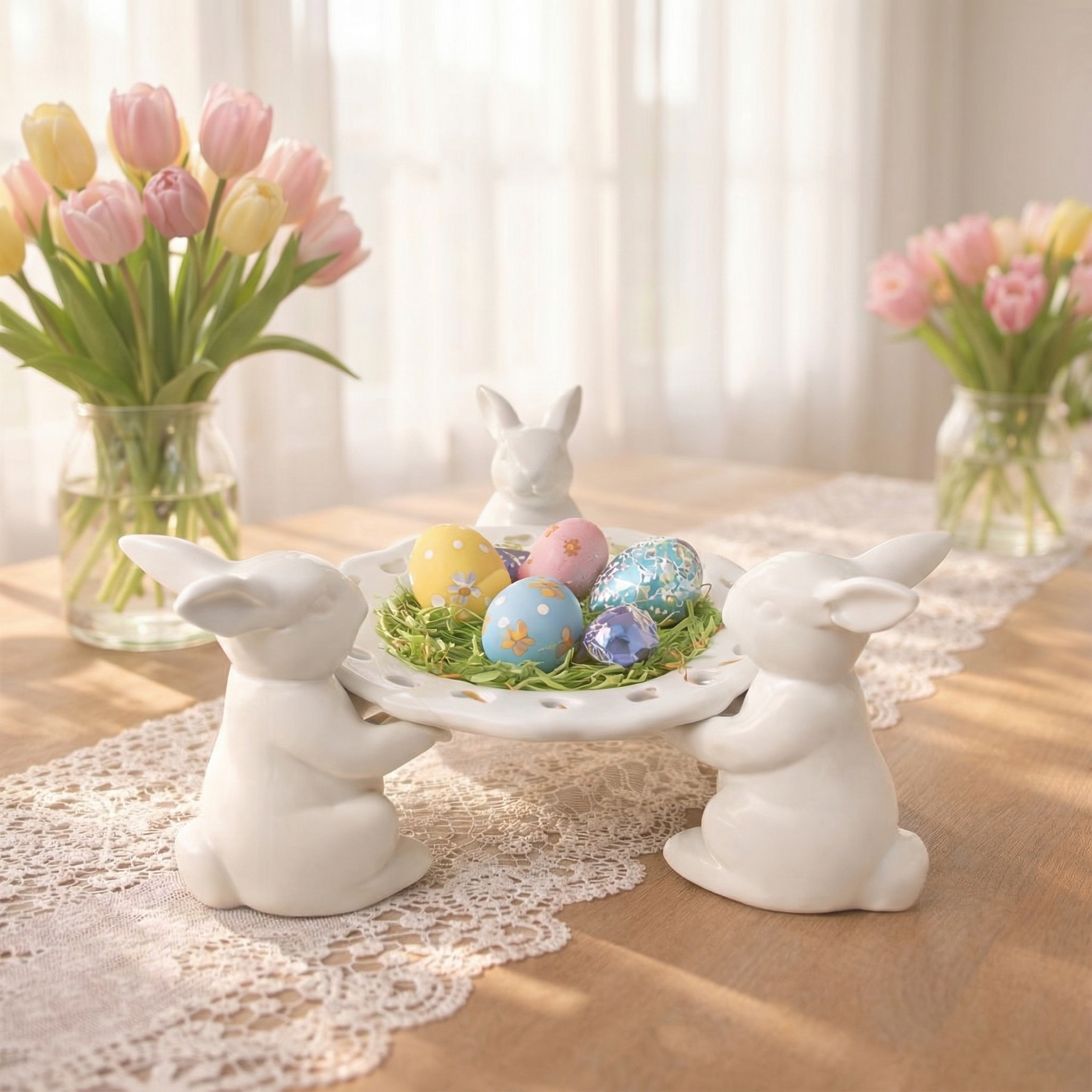 Easter Bunny Tray Centerpiece for Dining Table Decor