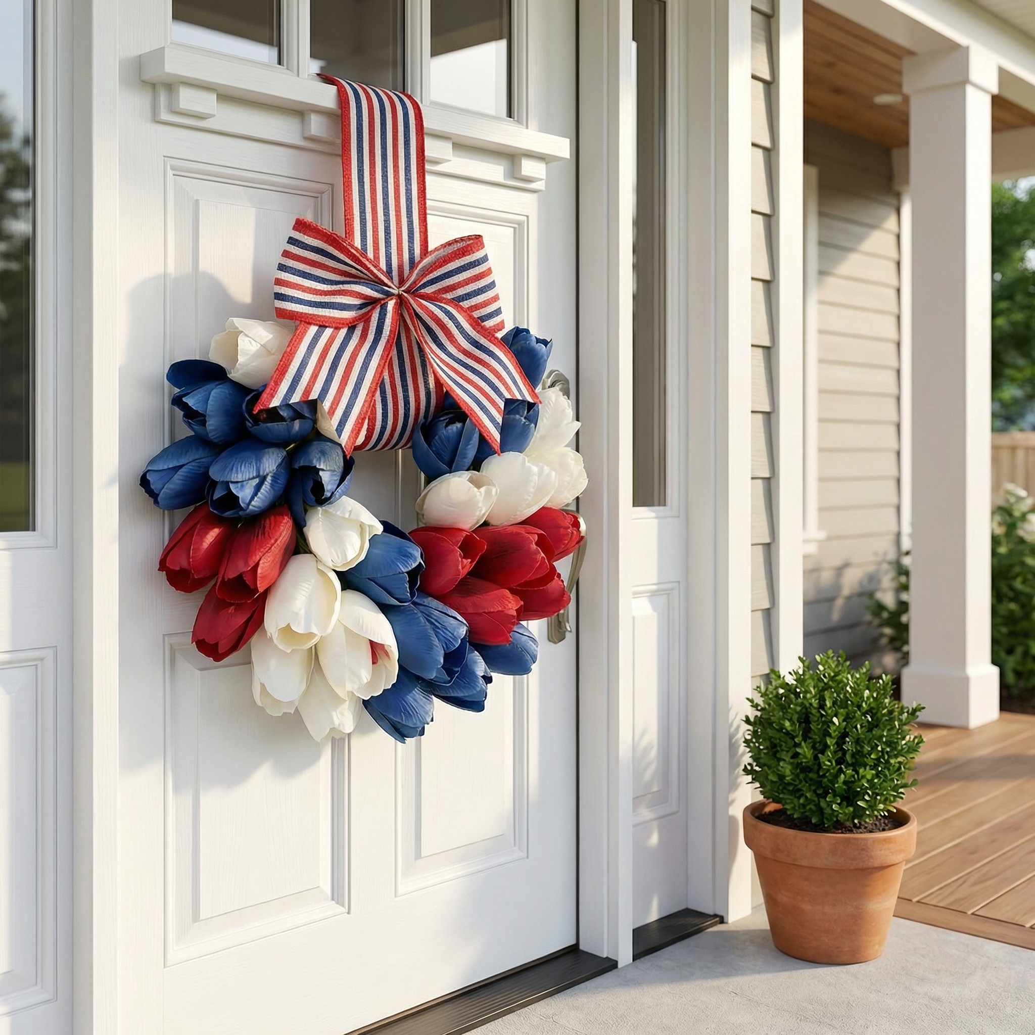 Patriotic Tulip Wreath with Striped Bow