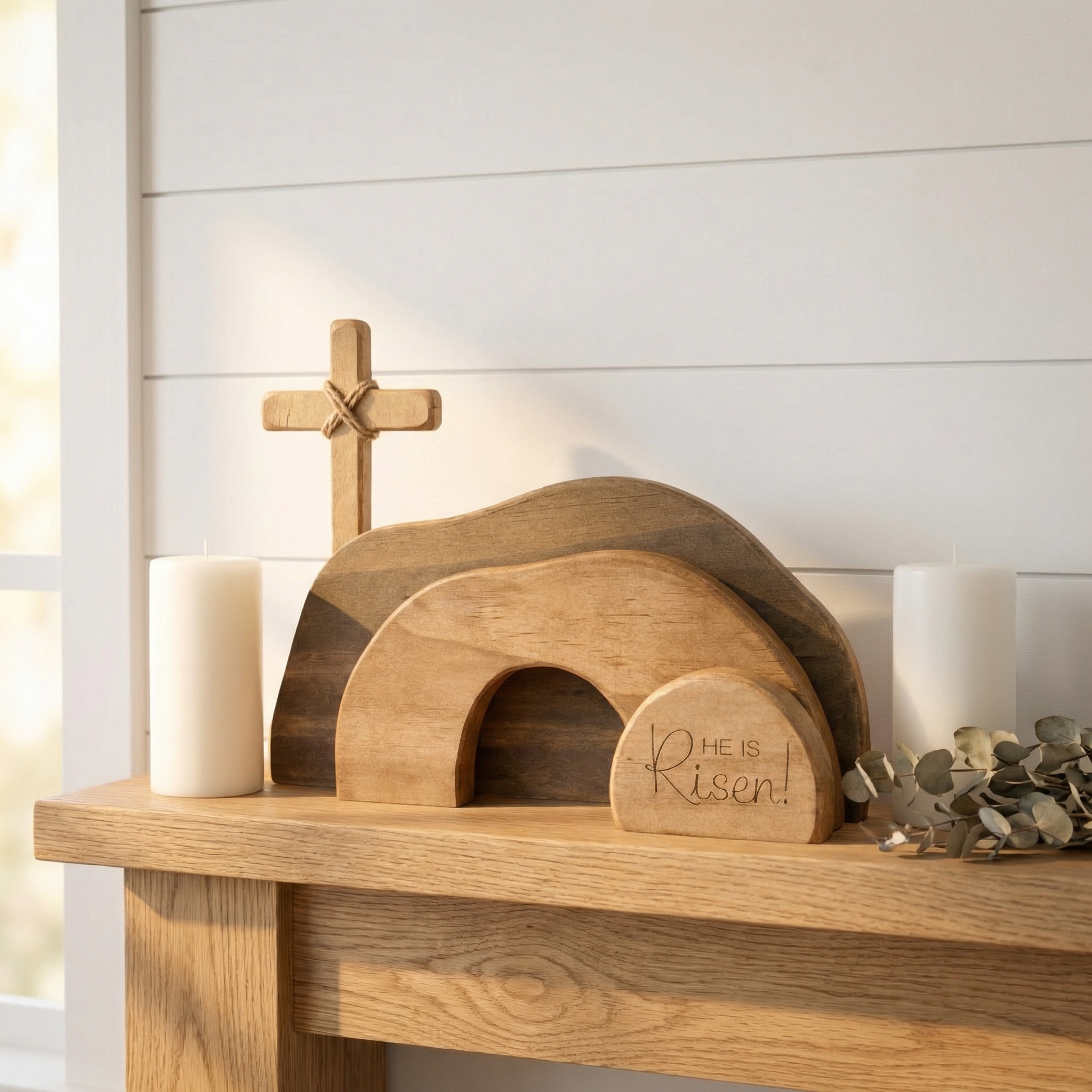 He Is Risen Wooden Cross & Empty Tomb Display
