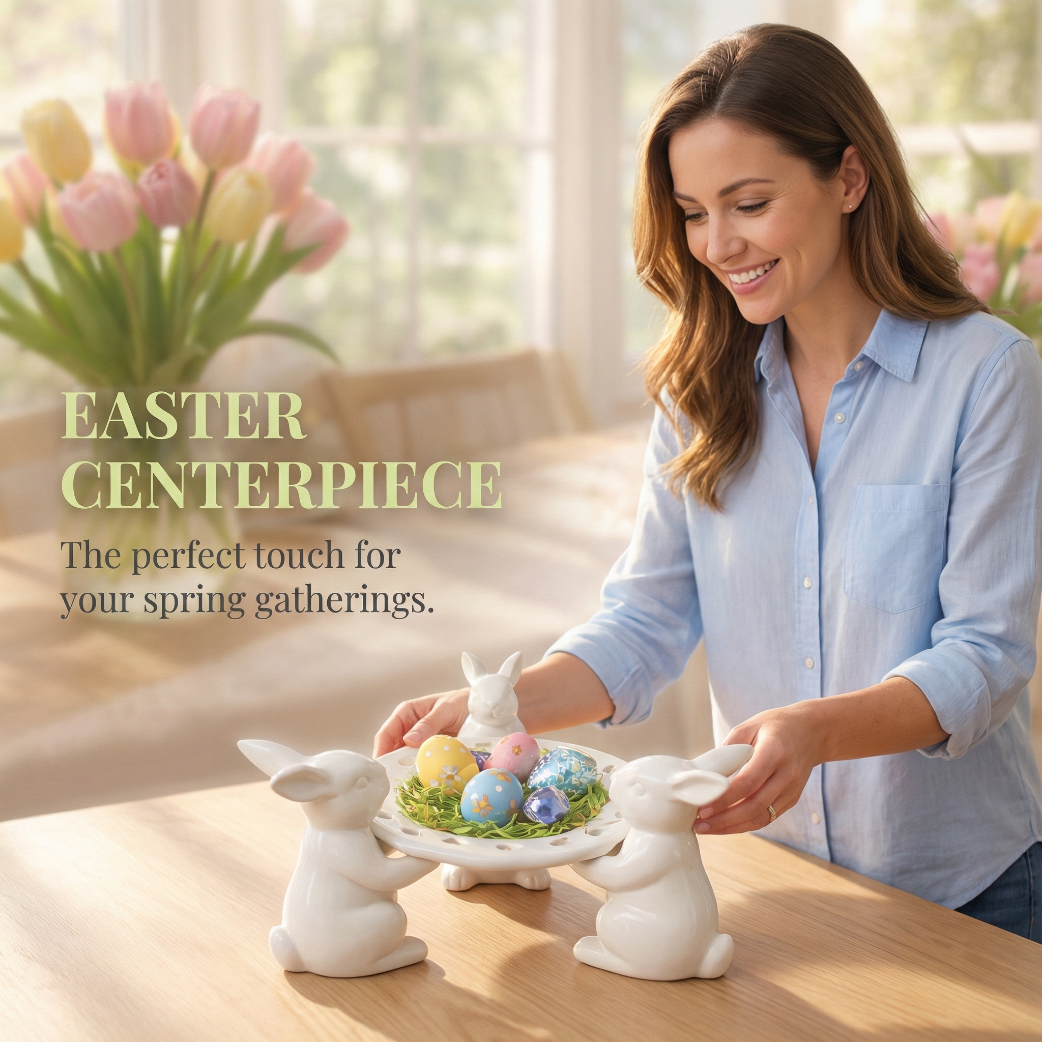 Easter Bunny Tray Centerpiece for Dining Table Decor