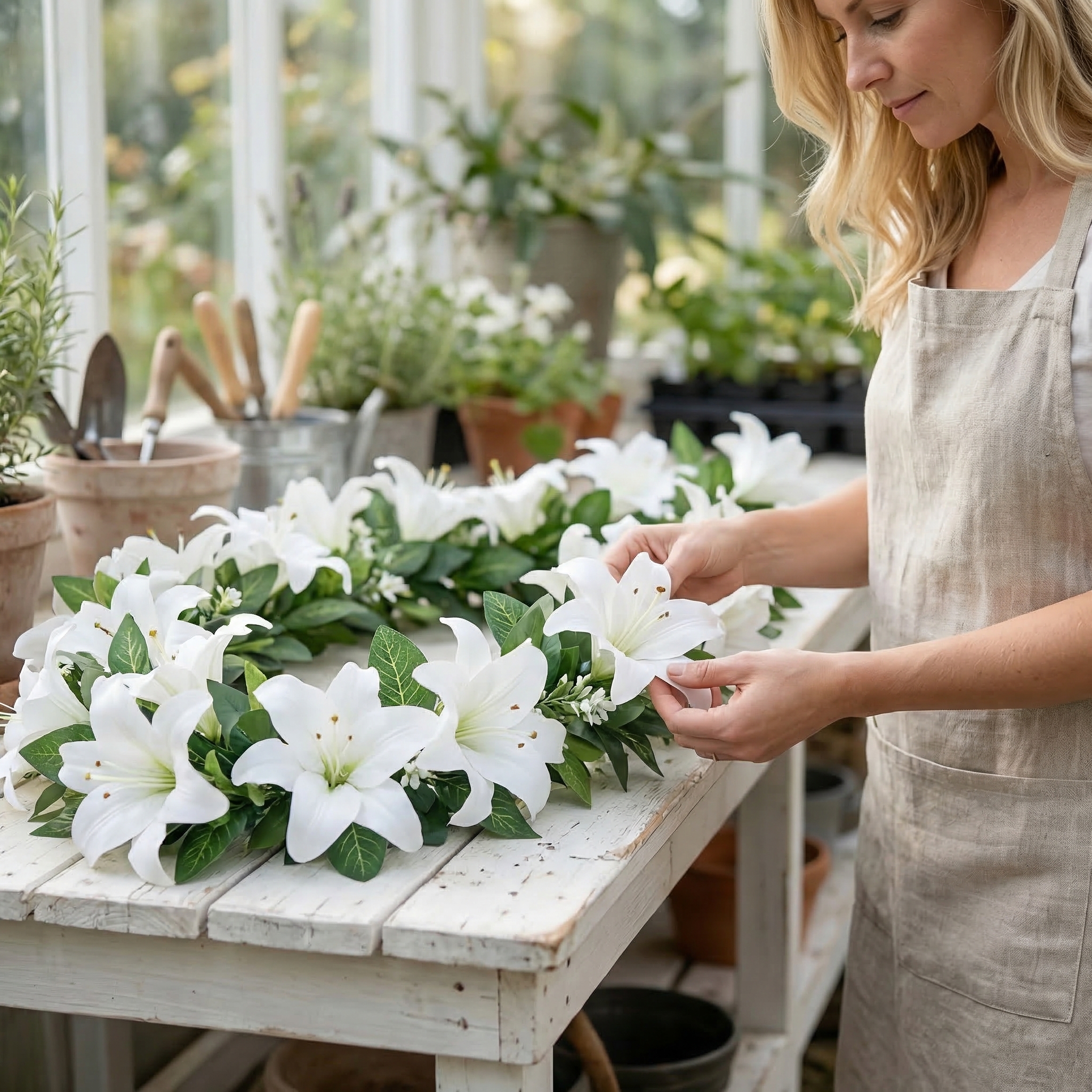 Full Bloom Artificial White Lily Garland with Lush Greenery