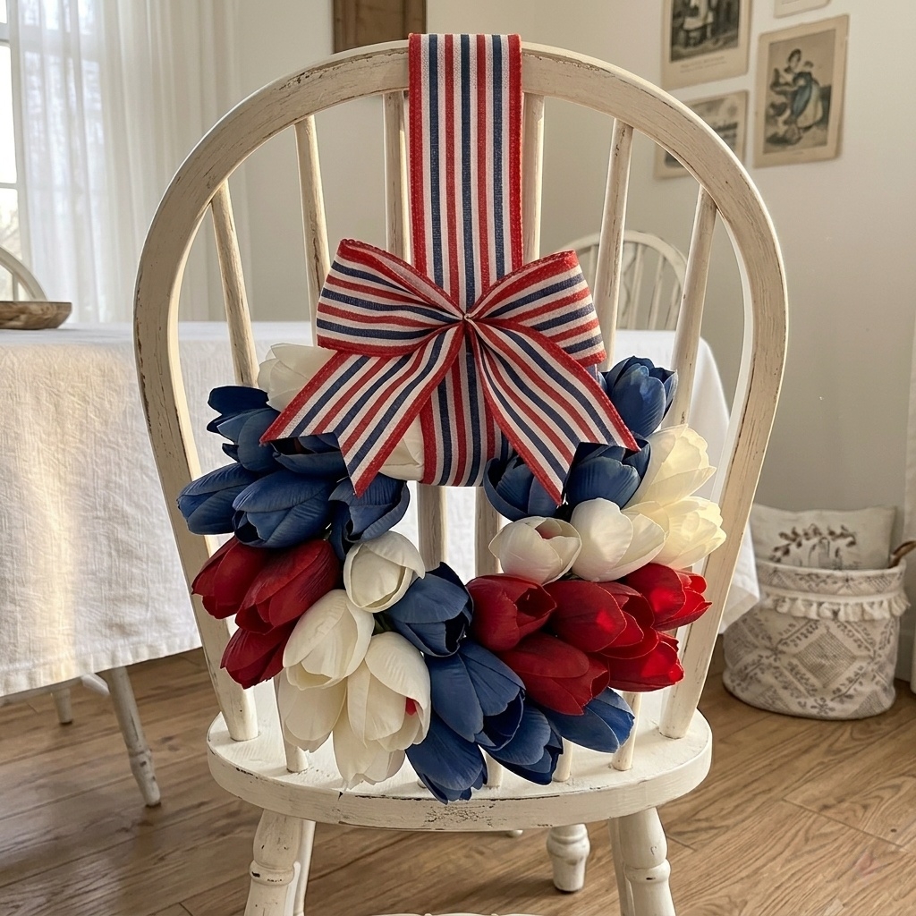 Patriotic Tulip Wreath with Striped Bow