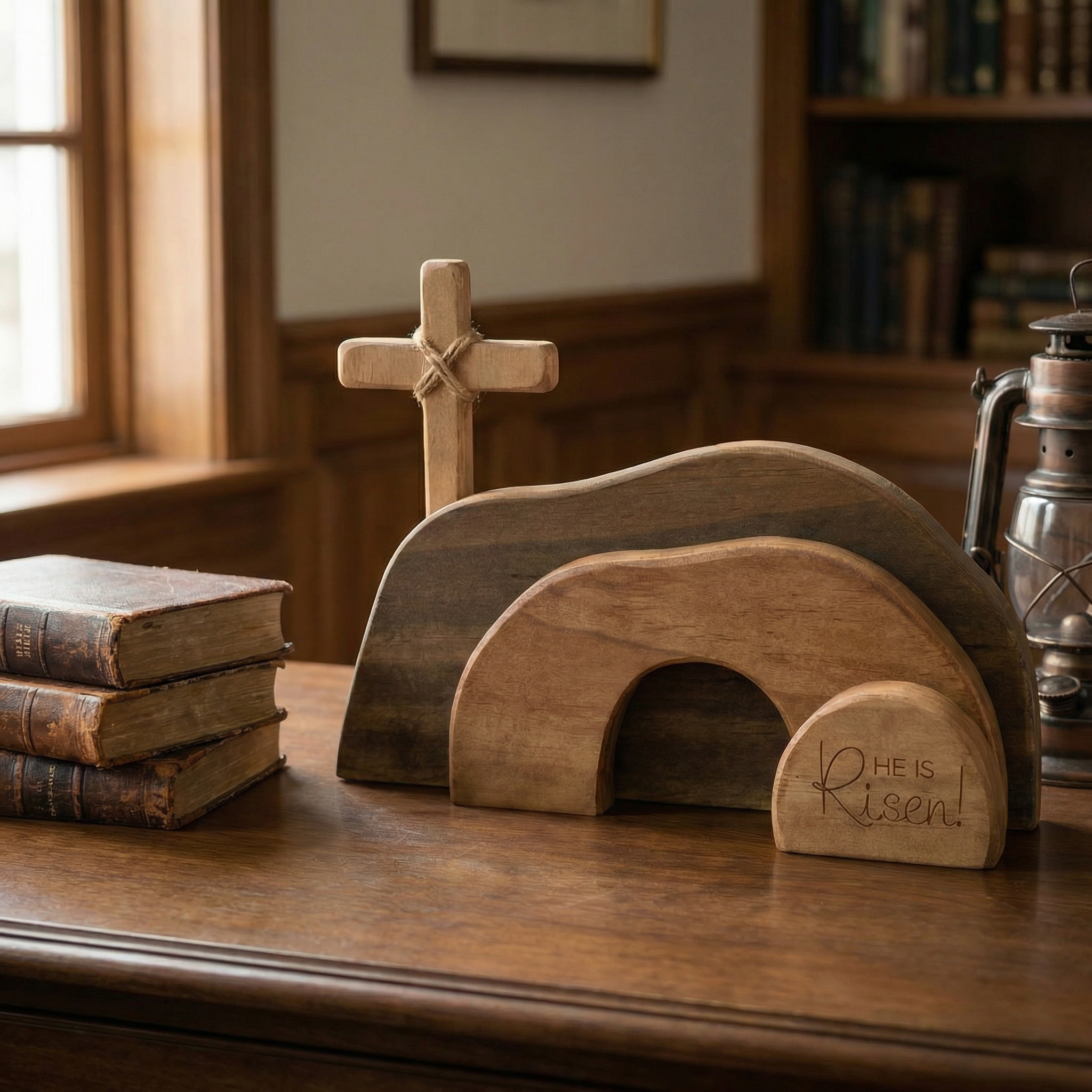 He Is Risen Wooden Cross & Empty Tomb Display