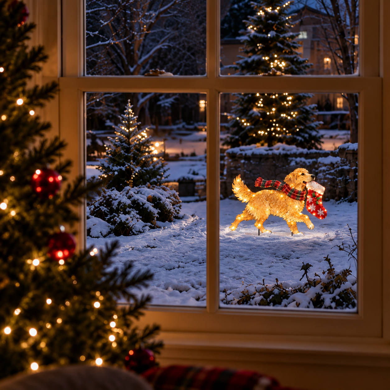 The Christmas Stocking Dash – Lighted Golden Retriever Christmas Yard Stake, Outdoor Holiday Decor